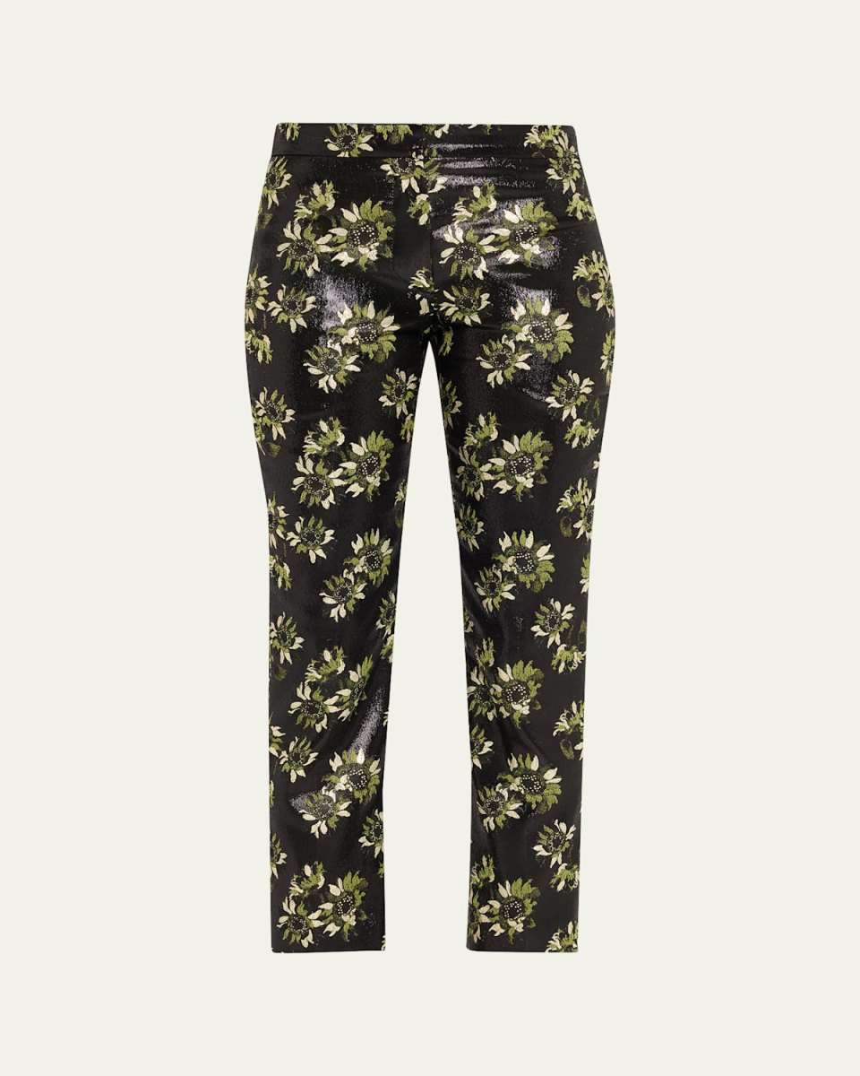 Lacquered Sunflower Jacquard Slim-Leg Ankle Pants